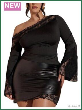 Womens Plus Size Lace One Shoulder Bell Sleeve Top Blouse